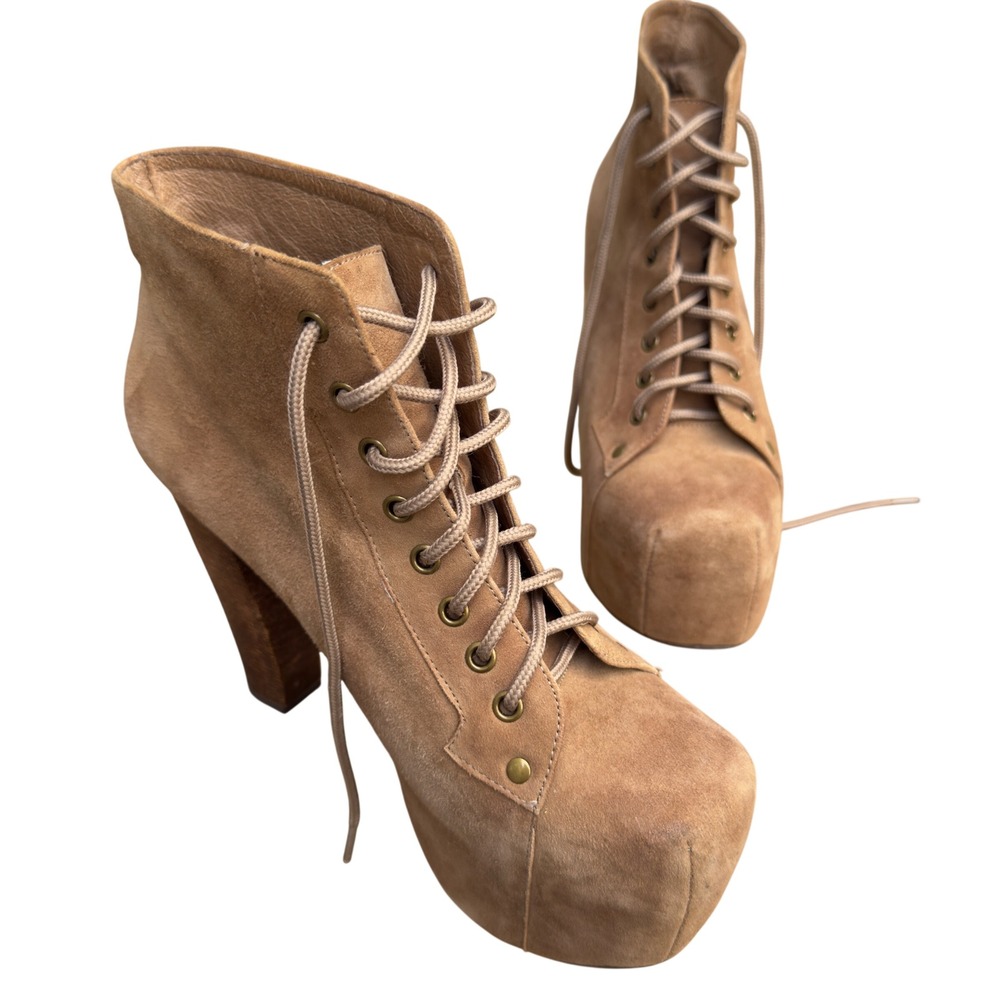 Jeffrey Campbell Lita Tan Suede Lace Up Platform Block Heel Boots Women's 8M